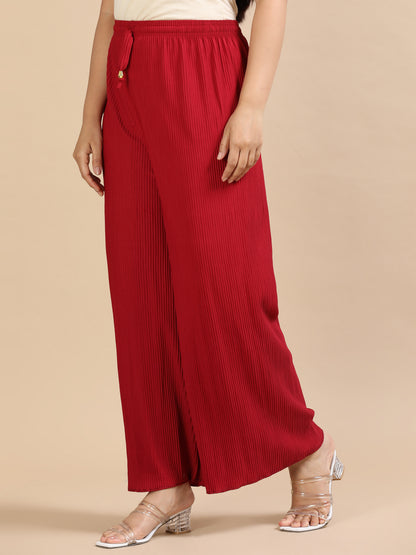 Women  Maroon Popcorn Fabric Pleated Palazzo Pants | Wide Leg | Soft & Stretchable