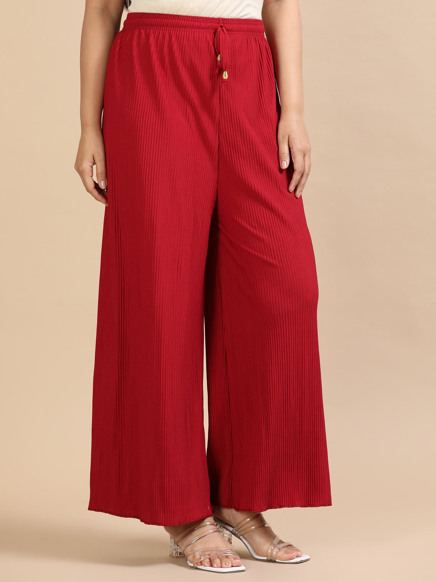 Women  Maroon Popcorn Fabric Pleated Palazzo Pants | Wide Leg | Soft & Stretchable