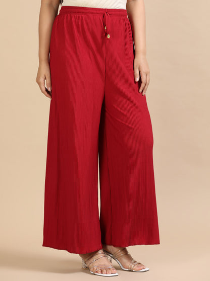 Women  Maroon Popcorn Fabric Pleated Palazzo Pants | Wide Leg | Soft & Stretchable