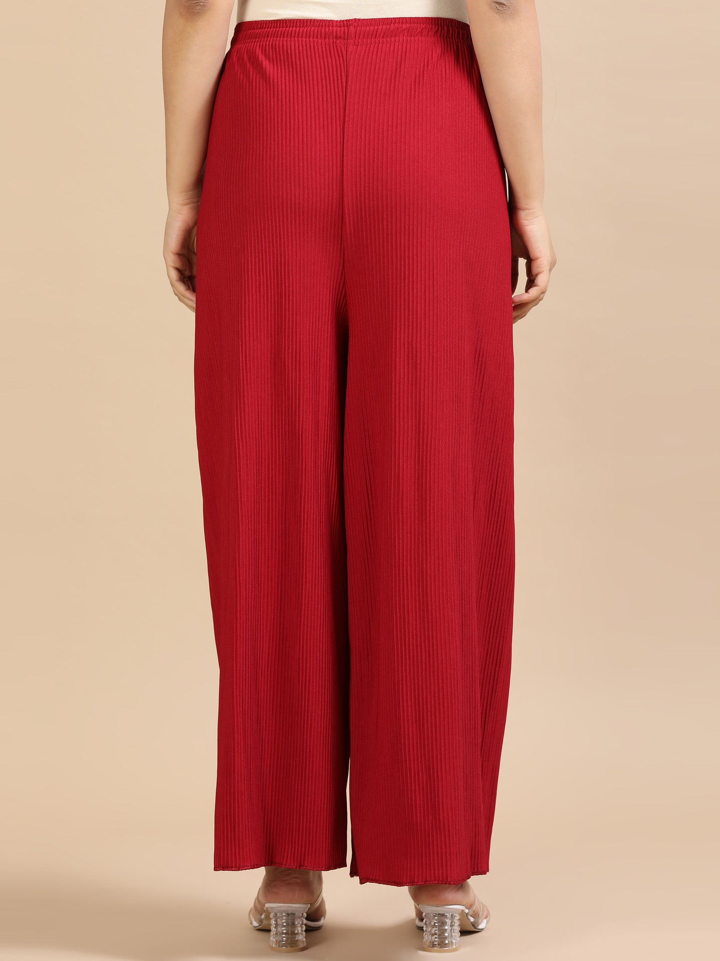 Women  Maroon Popcorn Fabric Pleated Palazzo Pants | Wide Leg | Soft & Stretchable