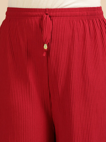 Women  Maroon Popcorn Fabric Pleated Palazzo Pants | Wide Leg | Soft & Stretchable