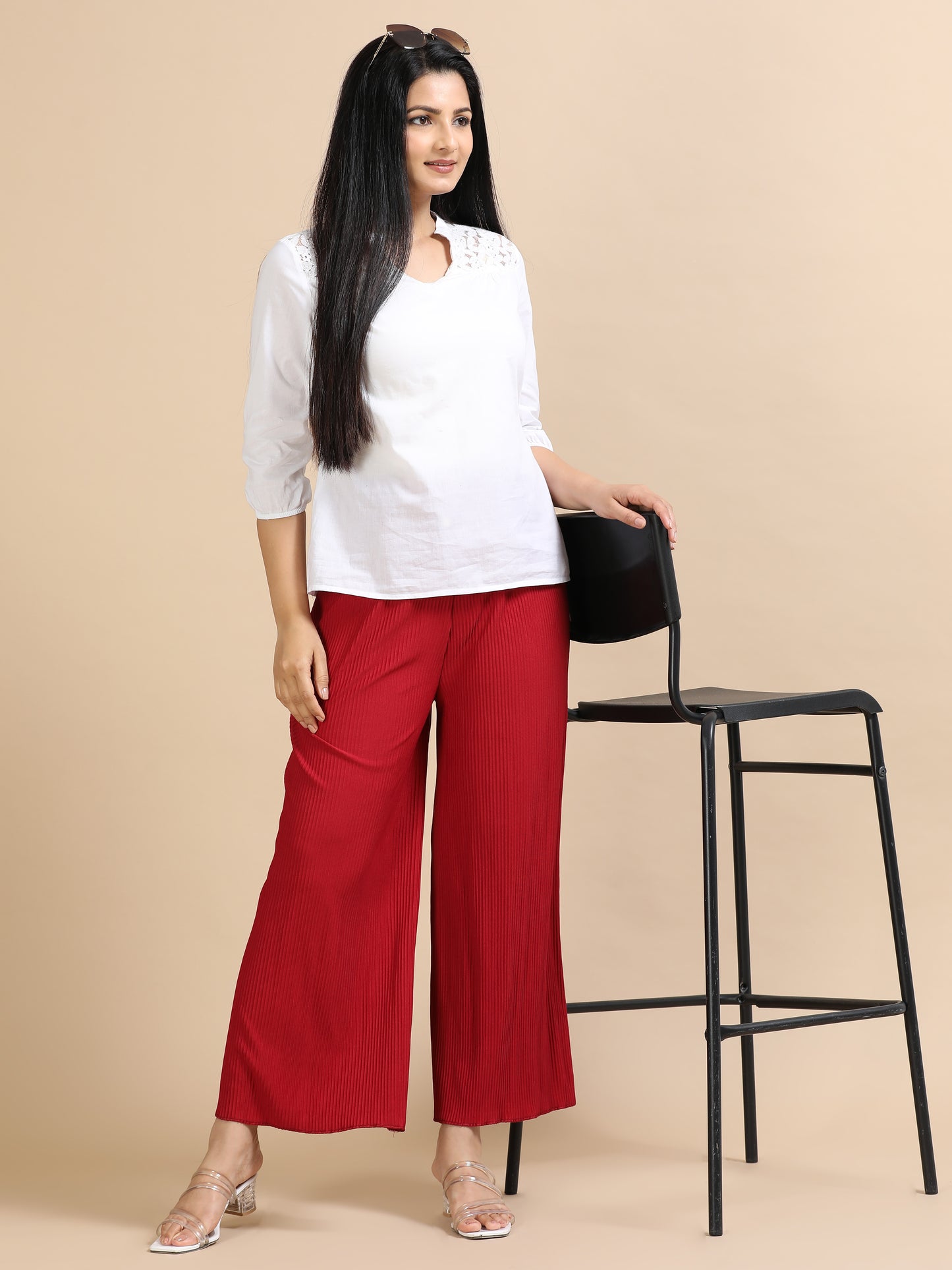 Women  Maroon Popcorn Fabric Pleated Palazzo Pants | Wide Leg | Soft & Stretchable