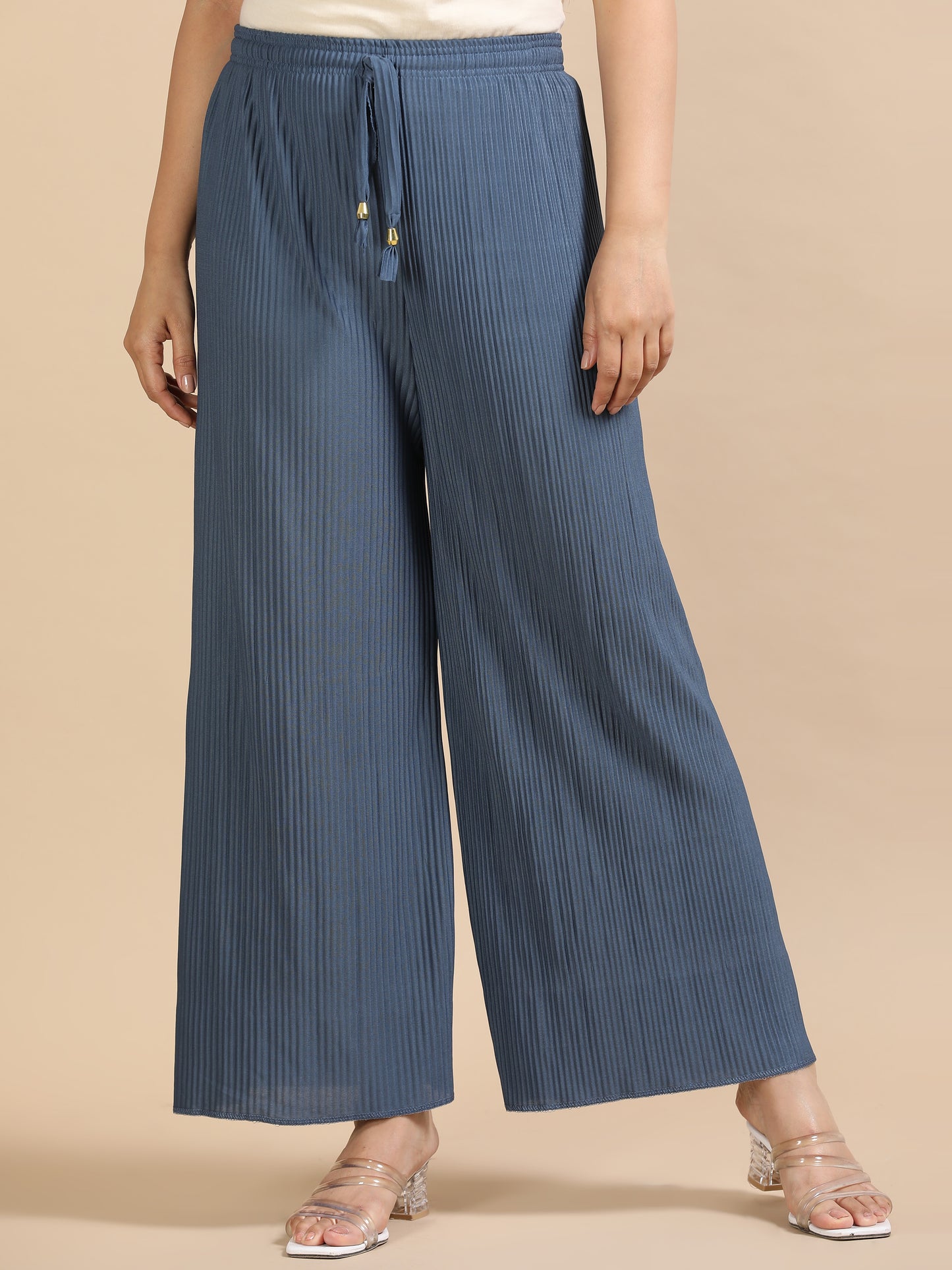 Women Grey Popcorn Fabric Pleated Palazzo Pants | Wide Leg | Soft & Stretchable