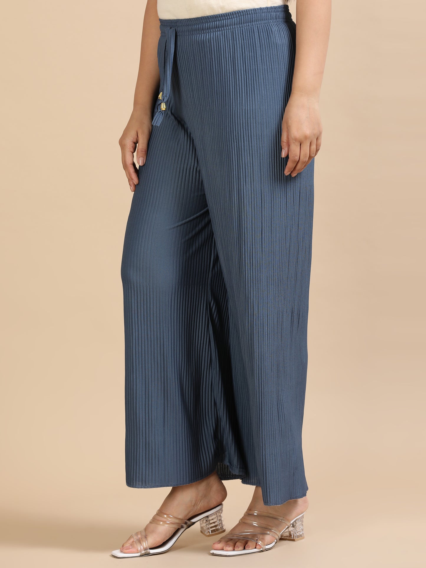 Women Grey Popcorn Fabric Pleated Palazzo Pants | Wide Leg | Soft & Stretchable