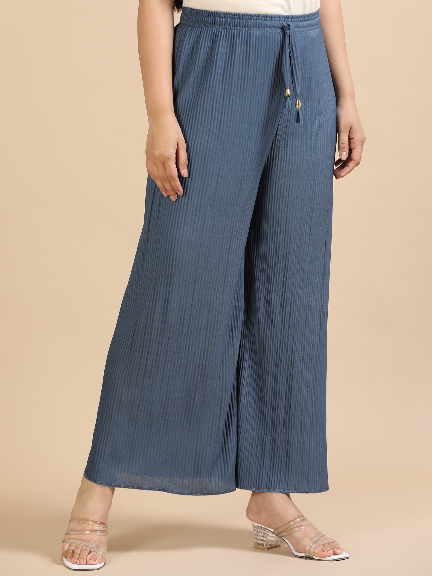 Women Grey Popcorn Fabric Pleated Palazzo Pants | Wide Leg | Soft & Stretchable