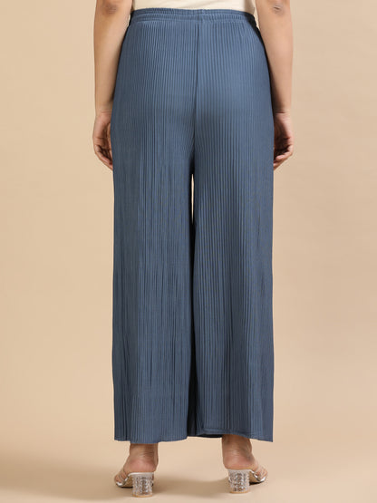Women Grey Popcorn Fabric Pleated Palazzo Pants | Wide Leg | Soft & Stretchable