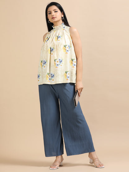 Women Grey Popcorn Fabric Pleated Palazzo Pants | Wide Leg | Soft & Stretchable