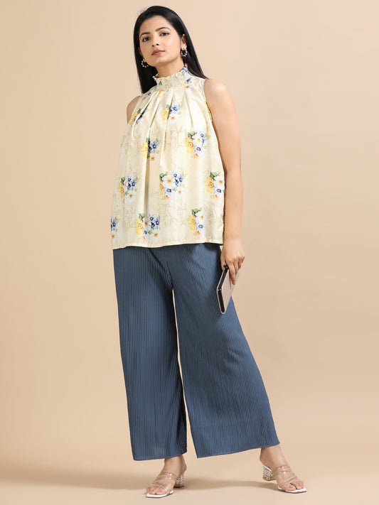 Women Grey Popcorn Fabric Pleated Palazzo Pants | Wide Leg | Soft & Stretchable