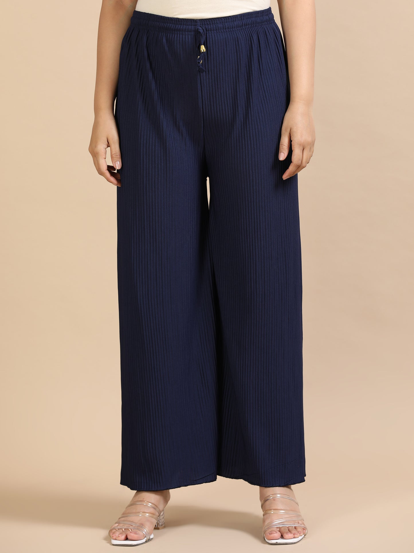 Women  Navy Blue Popcorn Fabric Pleated Palazzo Pants | Wide Leg | Soft & Stretchable