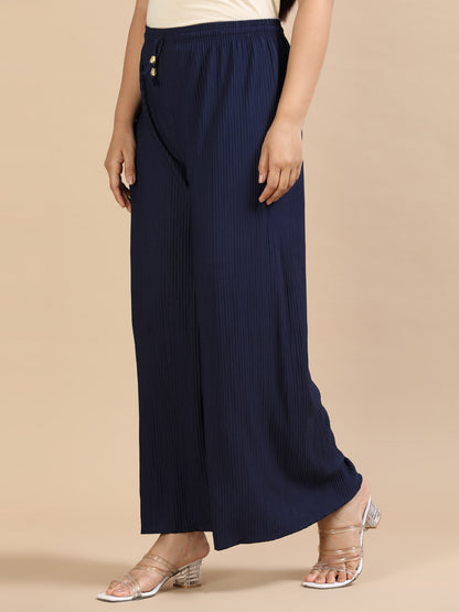 Women  Navy Blue Popcorn Fabric Pleated Palazzo Pants | Wide Leg | Soft & Stretchable