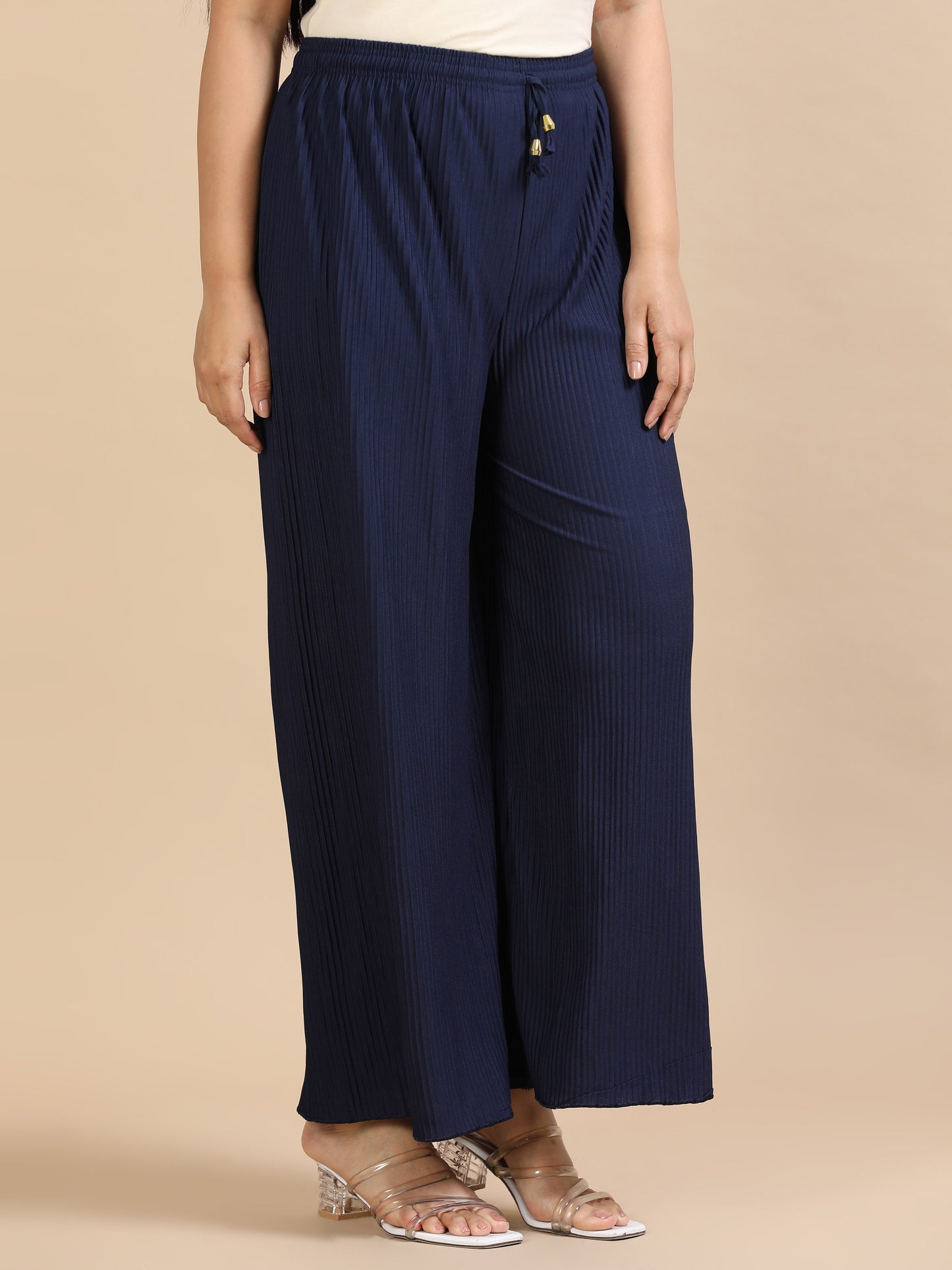 Women  Navy Blue Popcorn Fabric Pleated Palazzo Pants | Wide Leg | Soft & Stretchable
