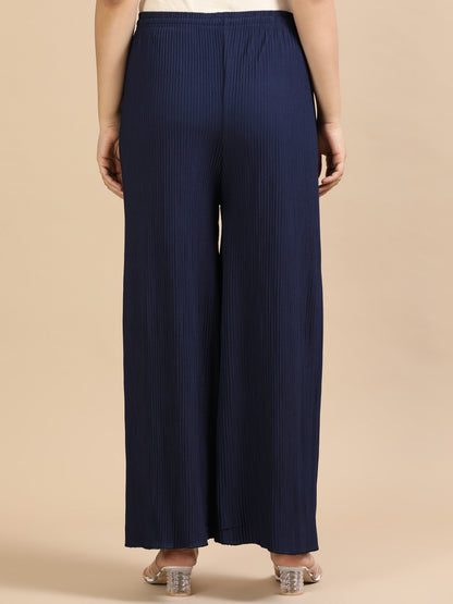 Women  Navy Blue Popcorn Fabric Pleated Palazzo Pants | Wide Leg | Soft & Stretchable