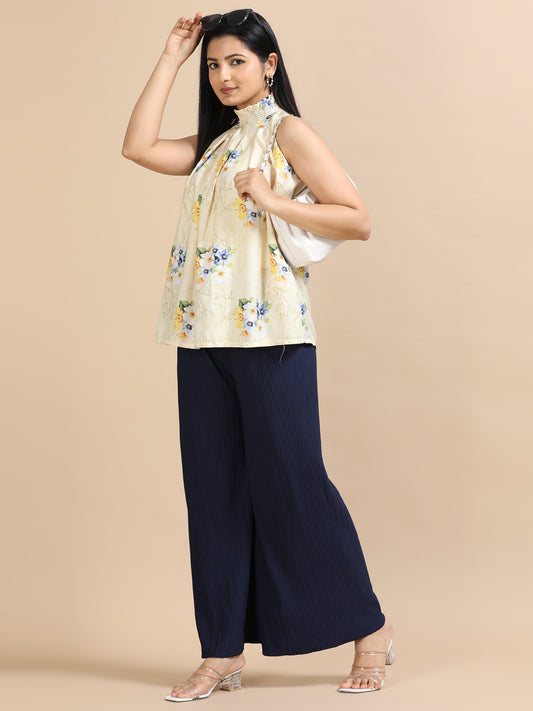 Women  Navy Blue Popcorn Fabric Pleated Palazzo Pants | Wide Leg | Soft & Stretchable