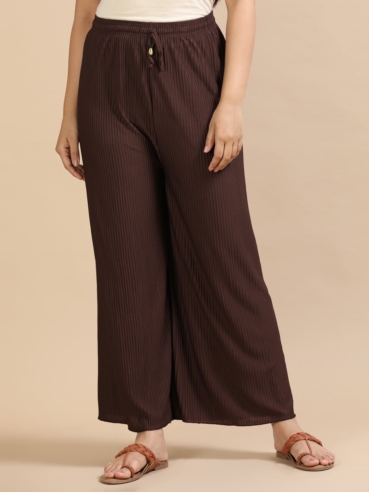 Women Brown Popcorn Fabric Pleated Palazzo Pants | Wide Leg | Soft & Stretchable