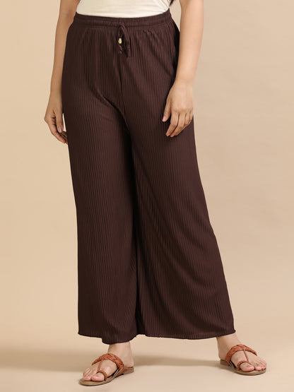 Women Brown Popcorn Fabric Pleated Palazzo Pants | Wide Leg | Soft & Stretchable