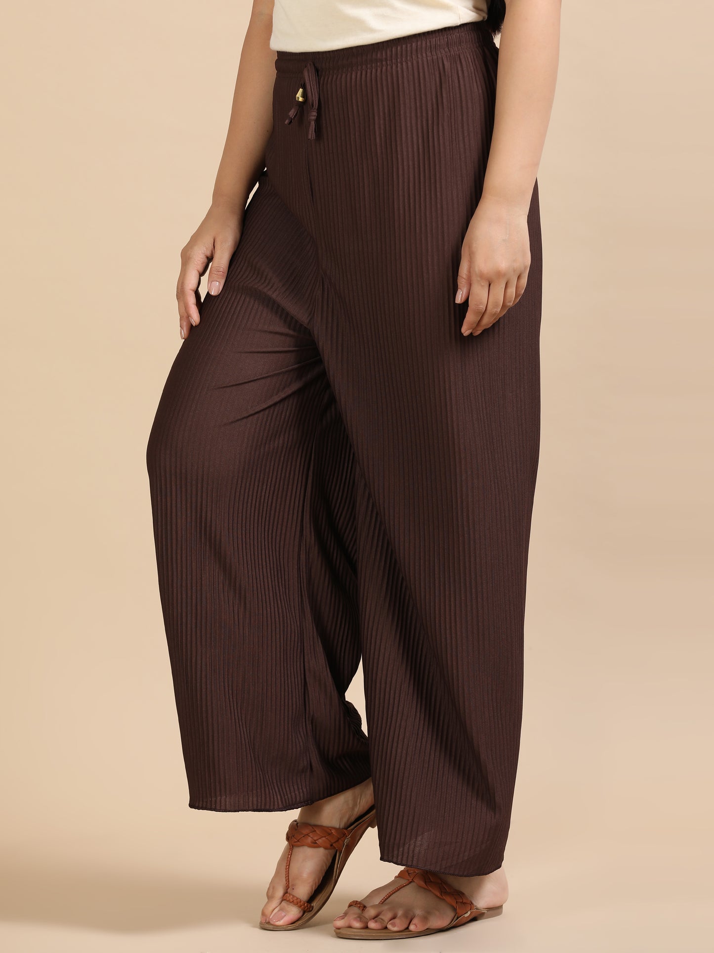 Women Brown Popcorn Fabric Pleated Palazzo Pants | Wide Leg | Soft & Stretchable