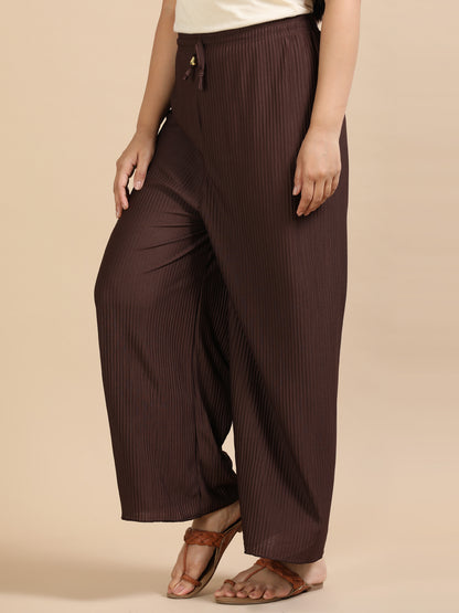Women Brown Popcorn Fabric Pleated Palazzo Pants | Wide Leg | Soft & Stretchable