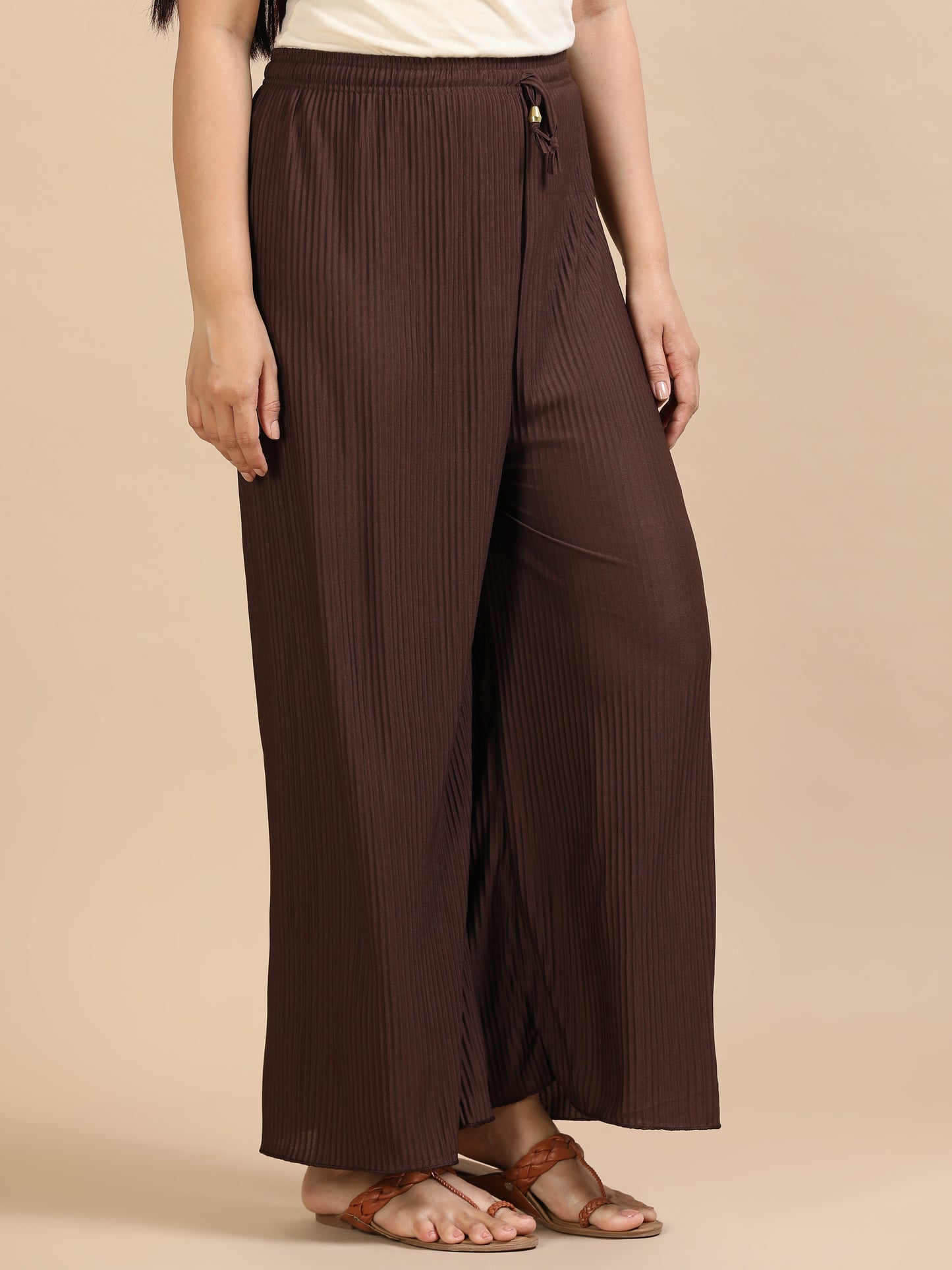 Women Brown Popcorn Fabric Pleated Palazzo Pants | Wide Leg | Soft & Stretchable