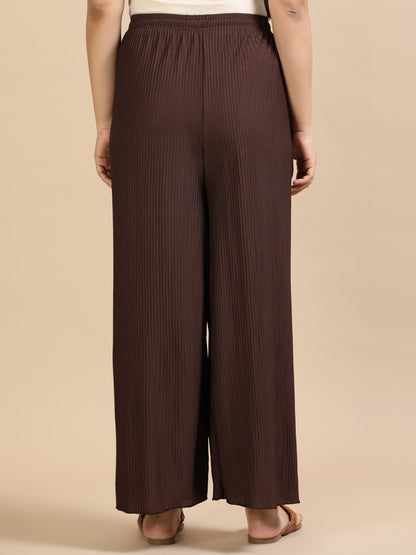 Women Brown Popcorn Fabric Pleated Palazzo Pants | Wide Leg | Soft & Stretchable