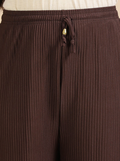 Women Brown Popcorn Fabric Pleated Palazzo Pants | Wide Leg | Soft & Stretchable