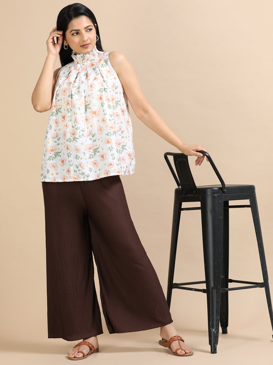 Women Brown Popcorn Fabric Pleated Palazzo Pants | Wide Leg | Soft & Stretchable
