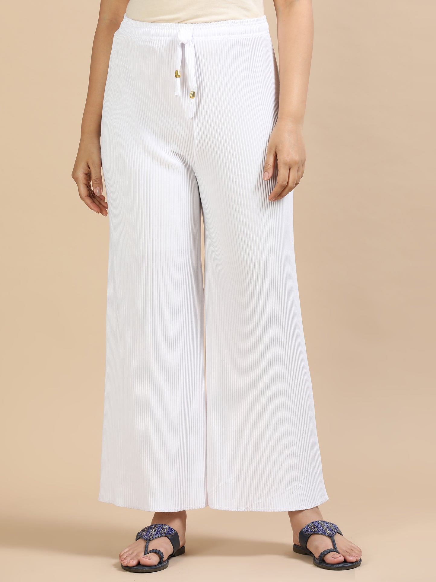 Women White Popcorn Fabric Pleated Palazzo Pants | Wide Leg | Soft & Stretchable