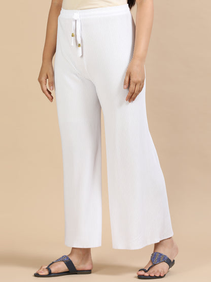 Women White Popcorn Fabric Pleated Palazzo Pants | Wide Leg | Soft & Stretchable