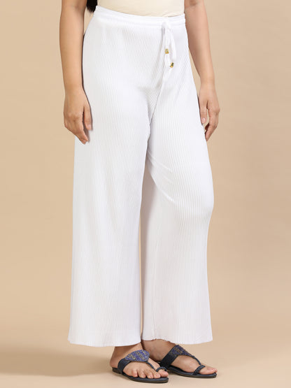 Women White Popcorn Fabric Pleated Palazzo Pants | Wide Leg | Soft & Stretchable