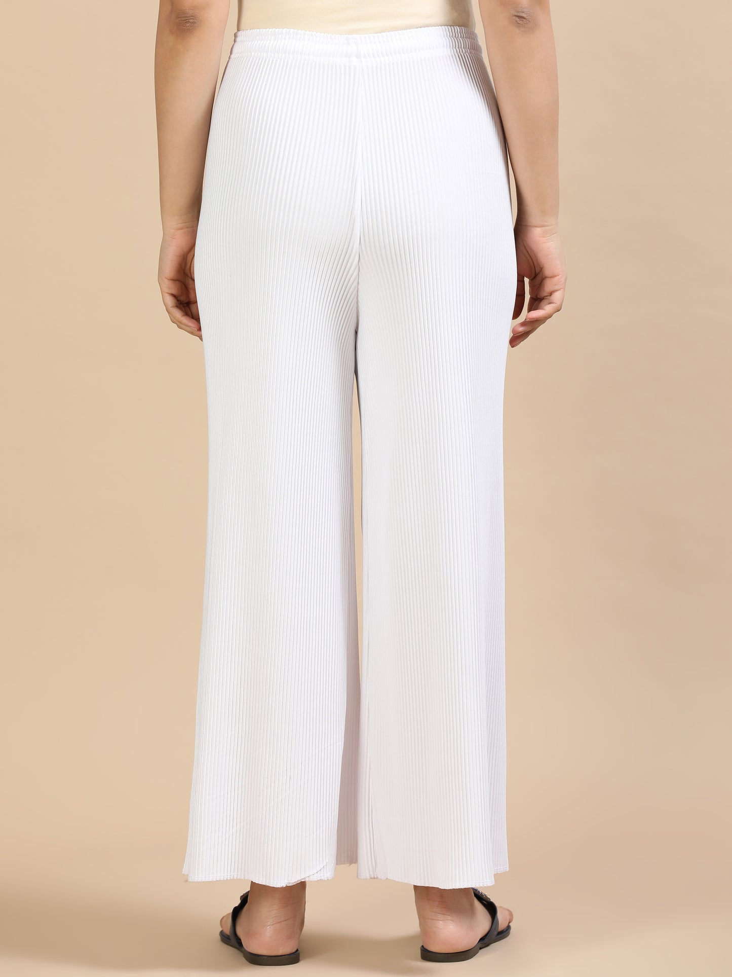 Women White Popcorn Fabric Pleated Palazzo Pants | Wide Leg | Soft & Stretchable