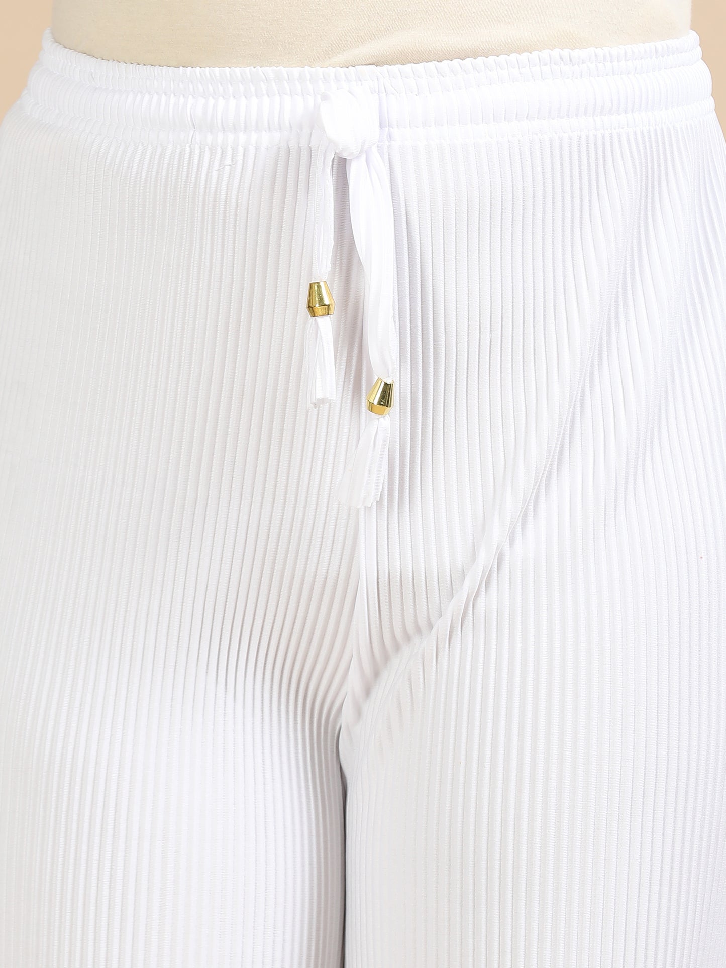 Women White Popcorn Fabric Pleated Palazzo Pants | Wide Leg | Soft & Stretchable