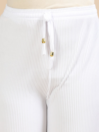 Women White Popcorn Fabric Pleated Palazzo Pants | Wide Leg | Soft & Stretchable