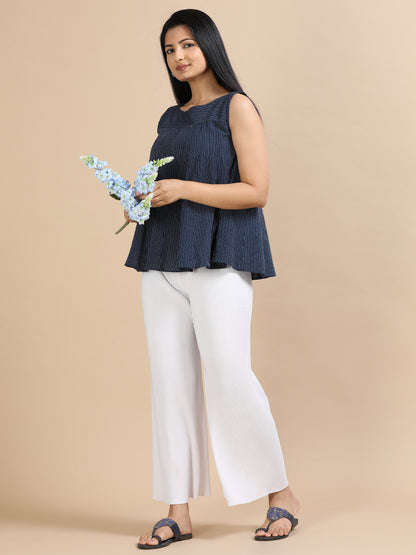 Women White Popcorn Fabric Pleated Palazzo Pants | Wide Leg | Soft & Stretchable