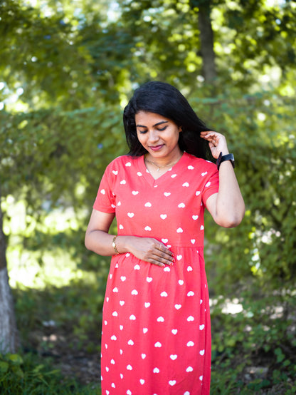 Women Heart Print Daily Wear Dress | Short Sleeves | Comfortable Casual Outfit