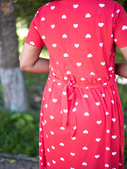 Women Heart Print Daily Wear Dress | Short Sleeves | Comfortable Casual Outfit