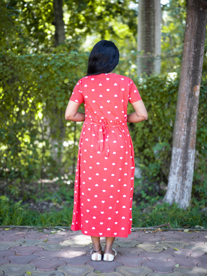 Women Heart Print Daily Wear Dress | Short Sleeves | Comfortable Casual Outfit