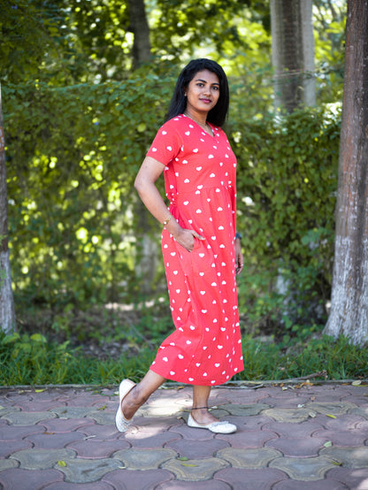 Women Heart Print Daily Wear Dress | Short Sleeves | Comfortable Casual Outfit