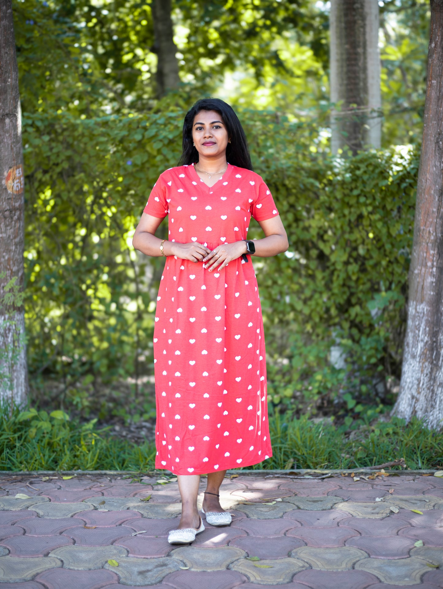 Women Heart Print Daily Wear Dress | Short Sleeves | Comfortable Casual Outfit