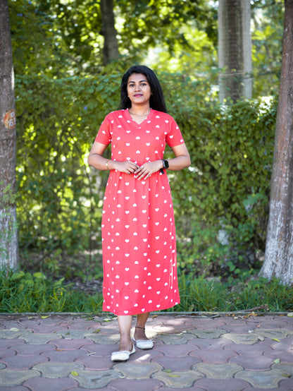 Women Heart Print Daily Wear Dress | Short Sleeves | Comfortable Casual Outfit