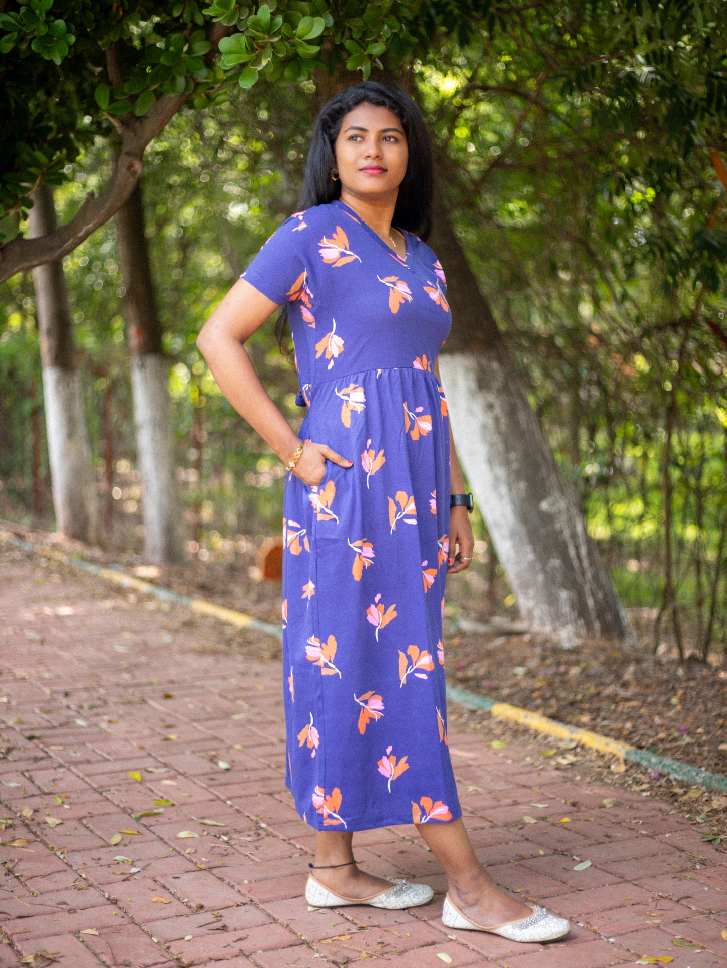 Non Feeding Blue Daily Wear Casual Midi Dress| Short Sleeves | Comfortable Casual Outfit