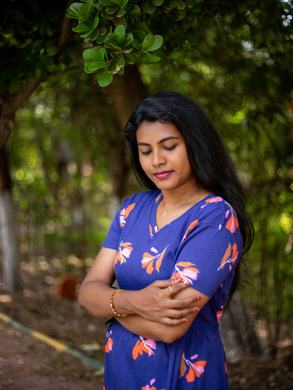 Non Feeding Blue Daily Wear Casual Midi Dress| Short Sleeves | Comfortable Casual Outfit