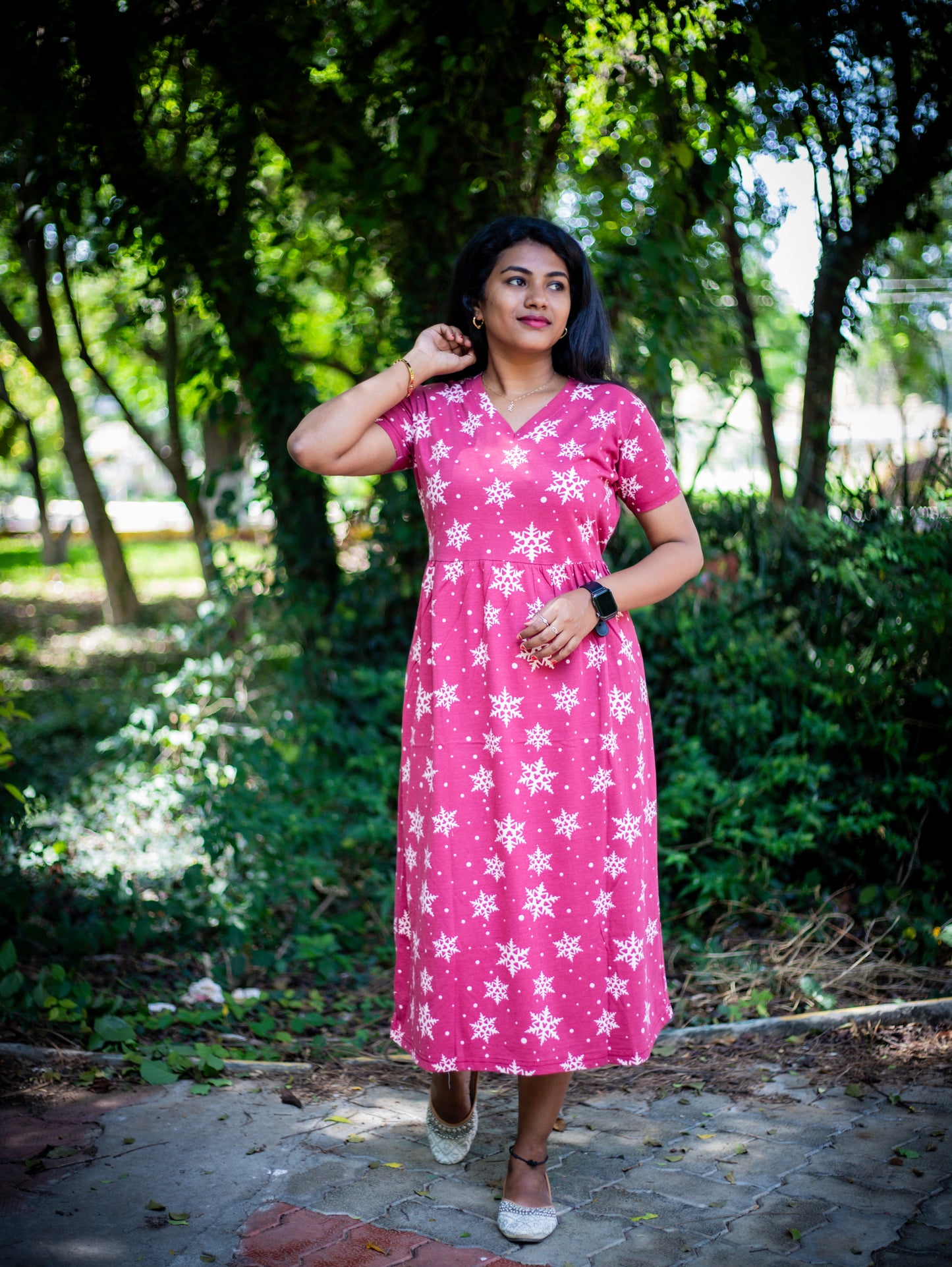 Non Feeding Maroon with star print Daily Wear Casual Midi Dress| Short Sleeves | Comfortable Casual Outfit (Copy)