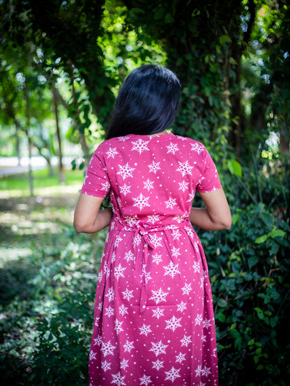 Non Feeding Maroon with star print Daily Wear Casual Midi Dress| Short Sleeves | Comfortable Casual Outfit (Copy)