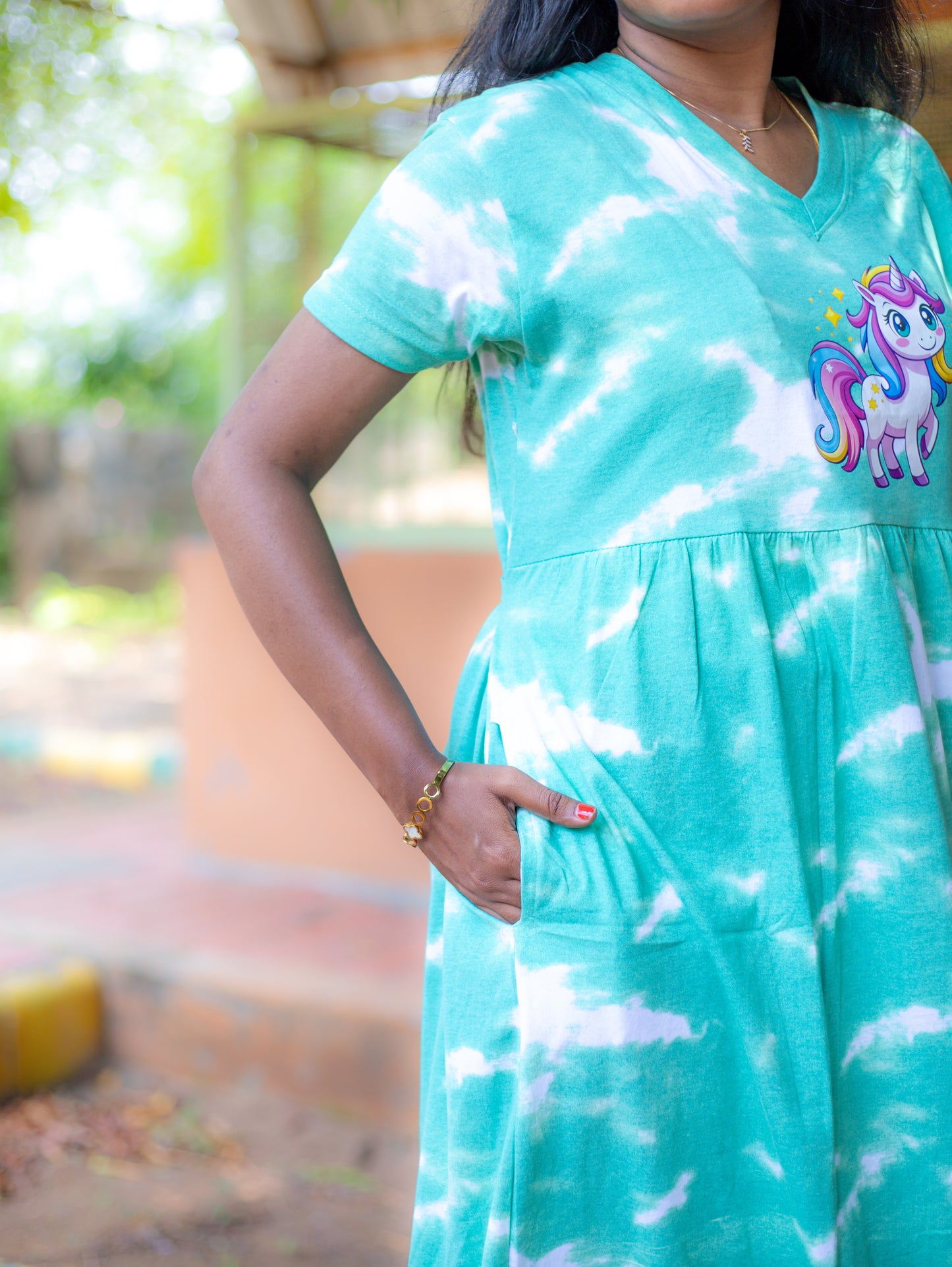 Non Feeding Green Tie-Dye Unicorn Print Nightdress| Short Sleeves | Comfortable Casual Outfit