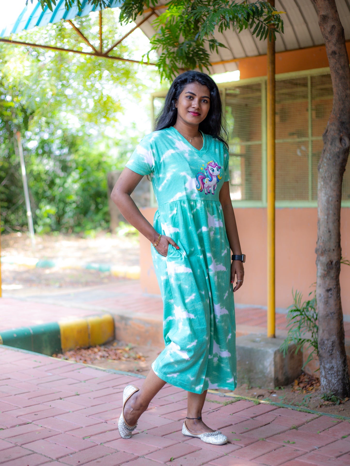 Non Feeding Green Tie-Dye Unicorn Print Nightdress| Short Sleeves | Comfortable Casual Outfit