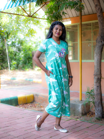 Non Feeding Green Tie-Dye Unicorn Print Nightdress| Short Sleeves | Comfortable Casual Outfit