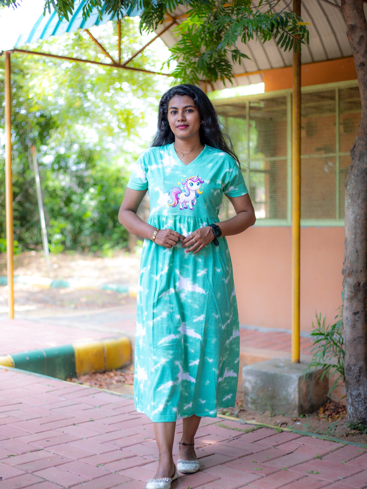 Non Feeding Green Tie-Dye Unicorn Print Nightdress| Short Sleeves | Comfortable Casual Outfit