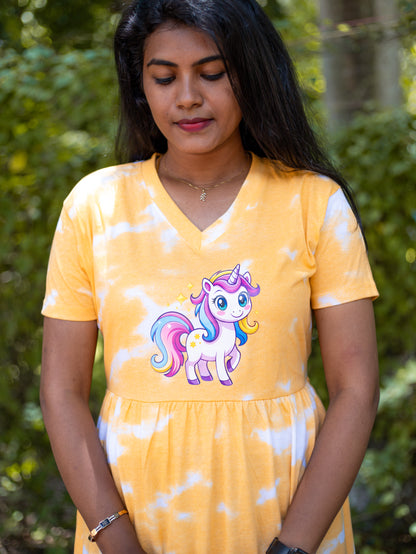 Non Feeding Yellow Tie-Dye Unicorn Print Nightdress| Short Sleeves | Comfortable Casual Outfit