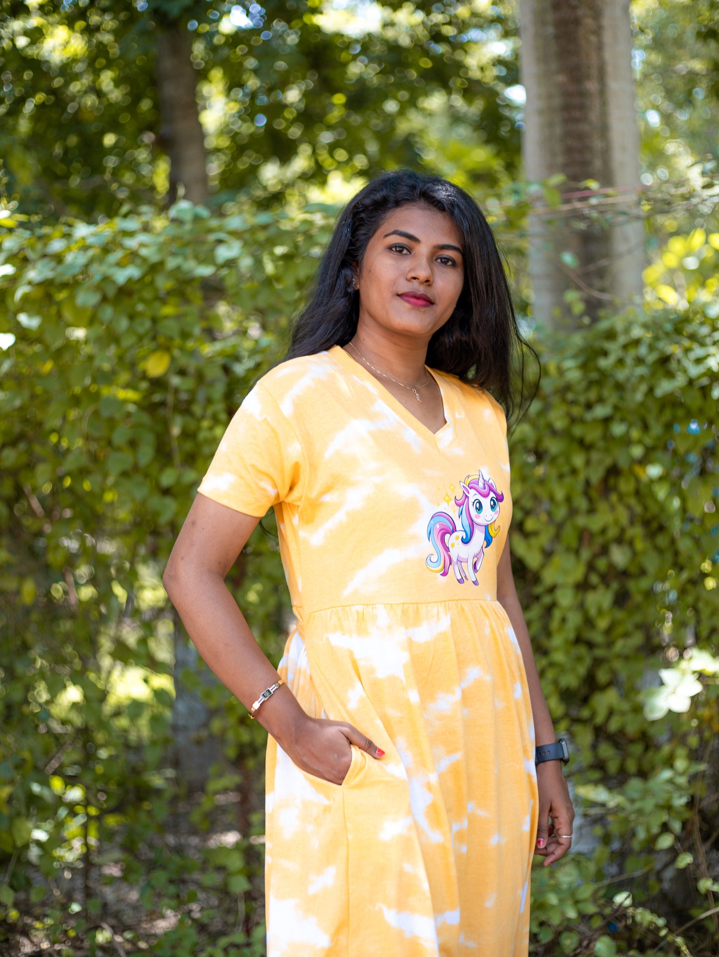 Non Feeding Yellow Tie-Dye Unicorn Print Nightdress| Short Sleeves | Comfortable Casual Outfit