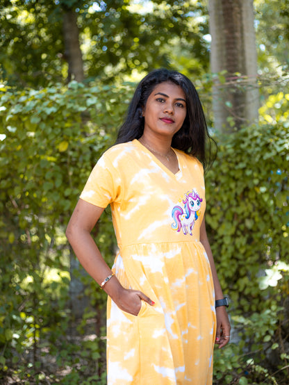 Non Feeding Yellow Tie-Dye Unicorn Print Nightdress| Short Sleeves | Comfortable Casual Outfit