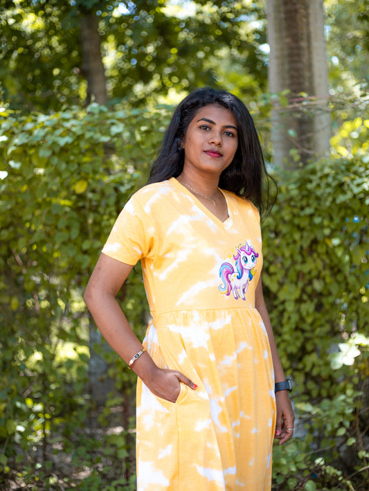 Non Feeding Yellow Tie-Dye Unicorn Print Nightdress| Short Sleeves | Comfortable Casual Outfit